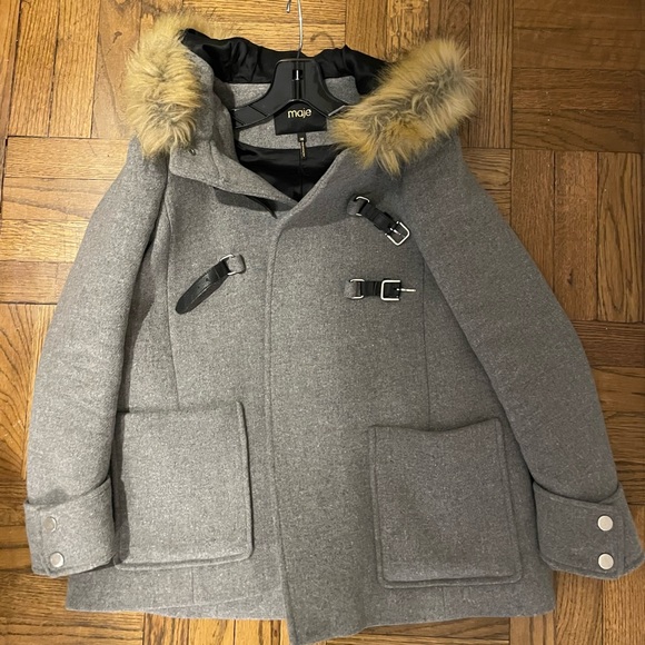 Maje Faux Fur-Trimmed Wool-Blend Felt Hooded Coat - Picture 2 of 3